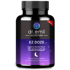 DR. EMIL NUTRITION EZ Doze bottle-front shows melatonin-free sleep support for a calmer night.