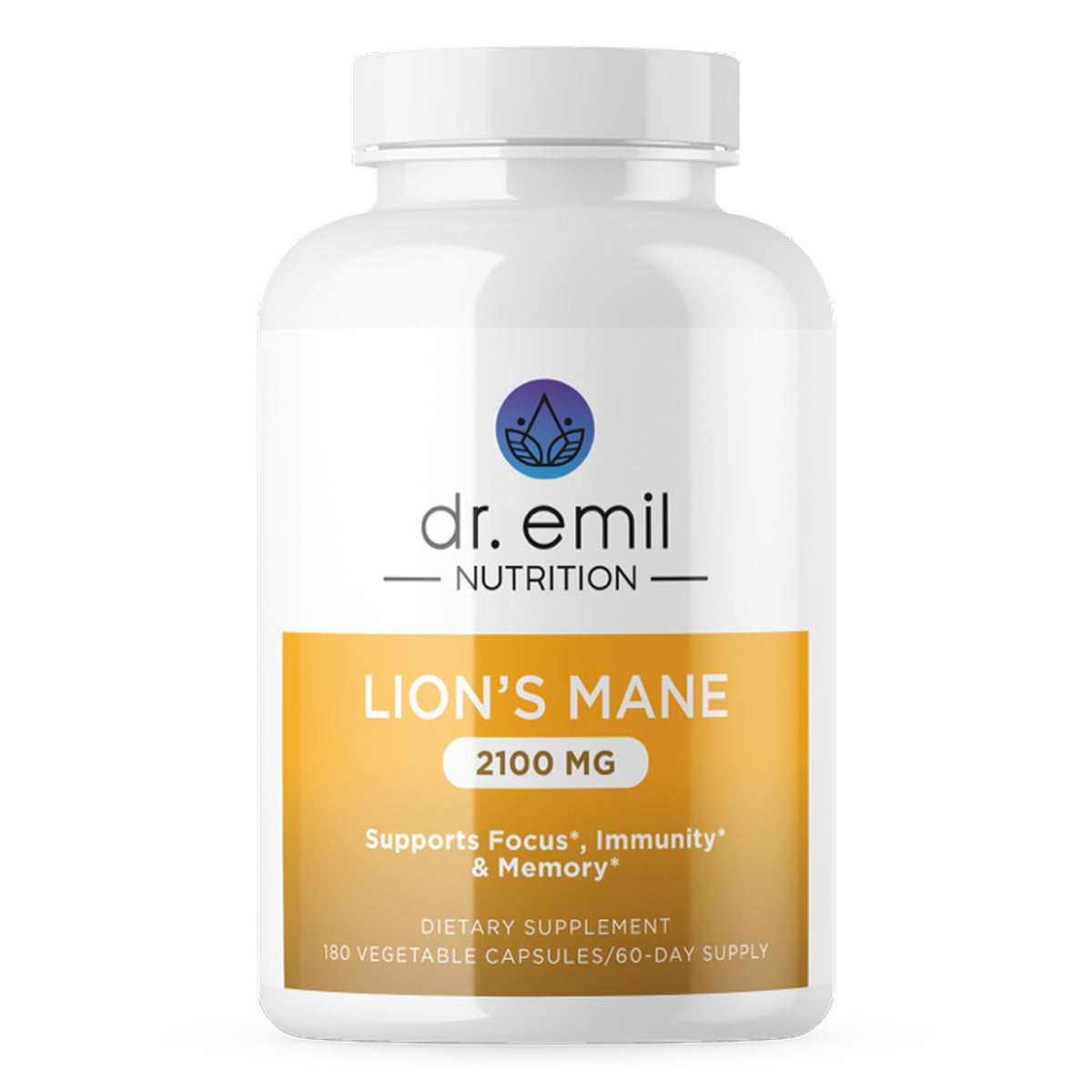 DR. EMIL NUTRITION Lions Mane bottle front highlighting daily cognitive support