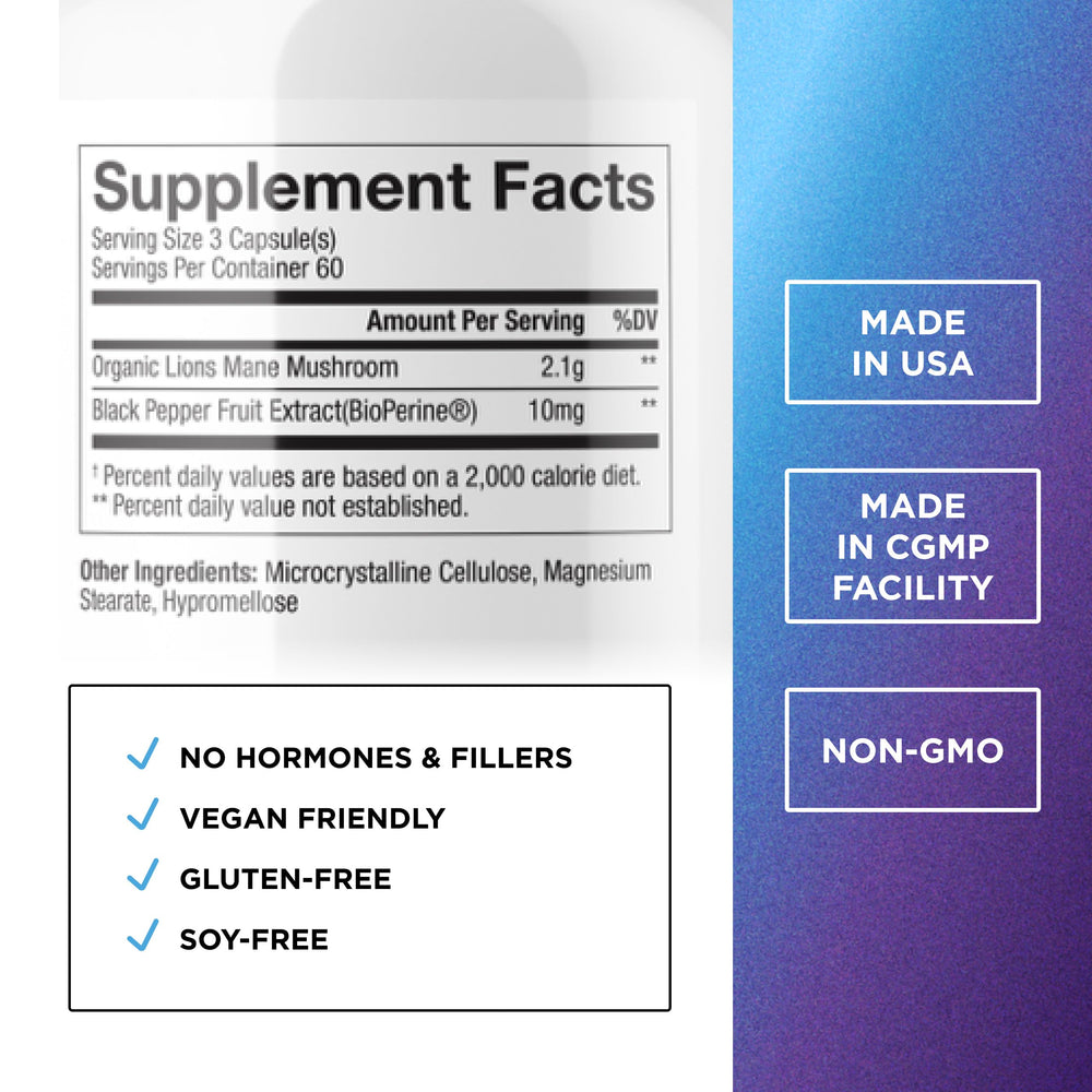 Close-up of DR. EMIL NUTRITION Lions Mane capsules for potency