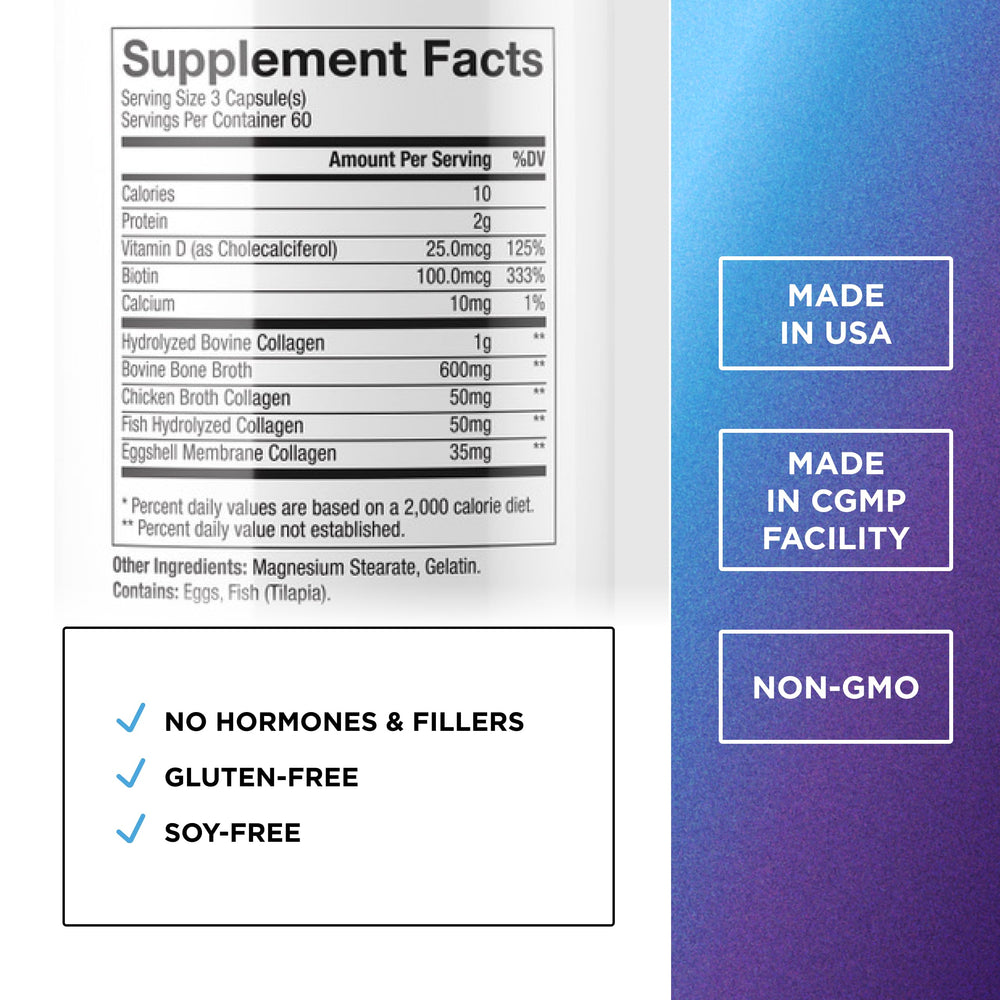 DR. EMIL NUTRITION label closeup highlights biotin and collagen blend.