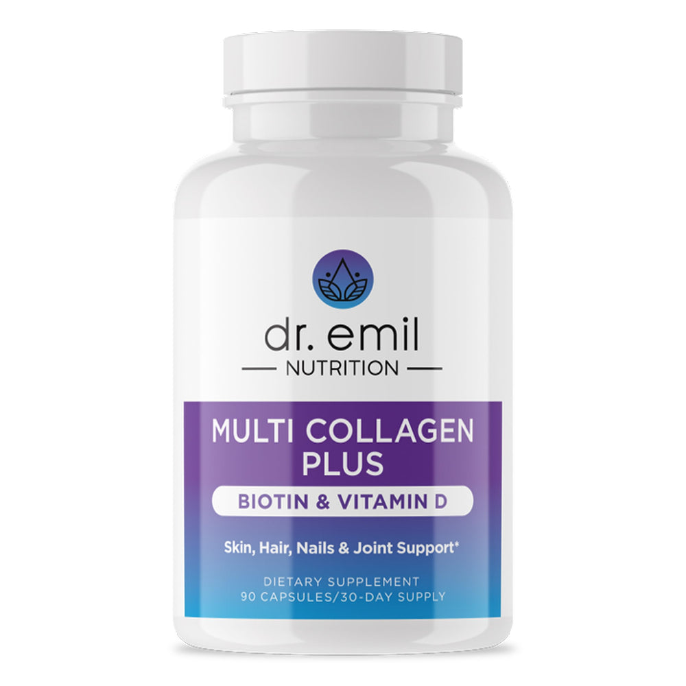 DR. EMIL NUTRITION Multi Collagen Plus bottle front supports daily beauty and wellness.