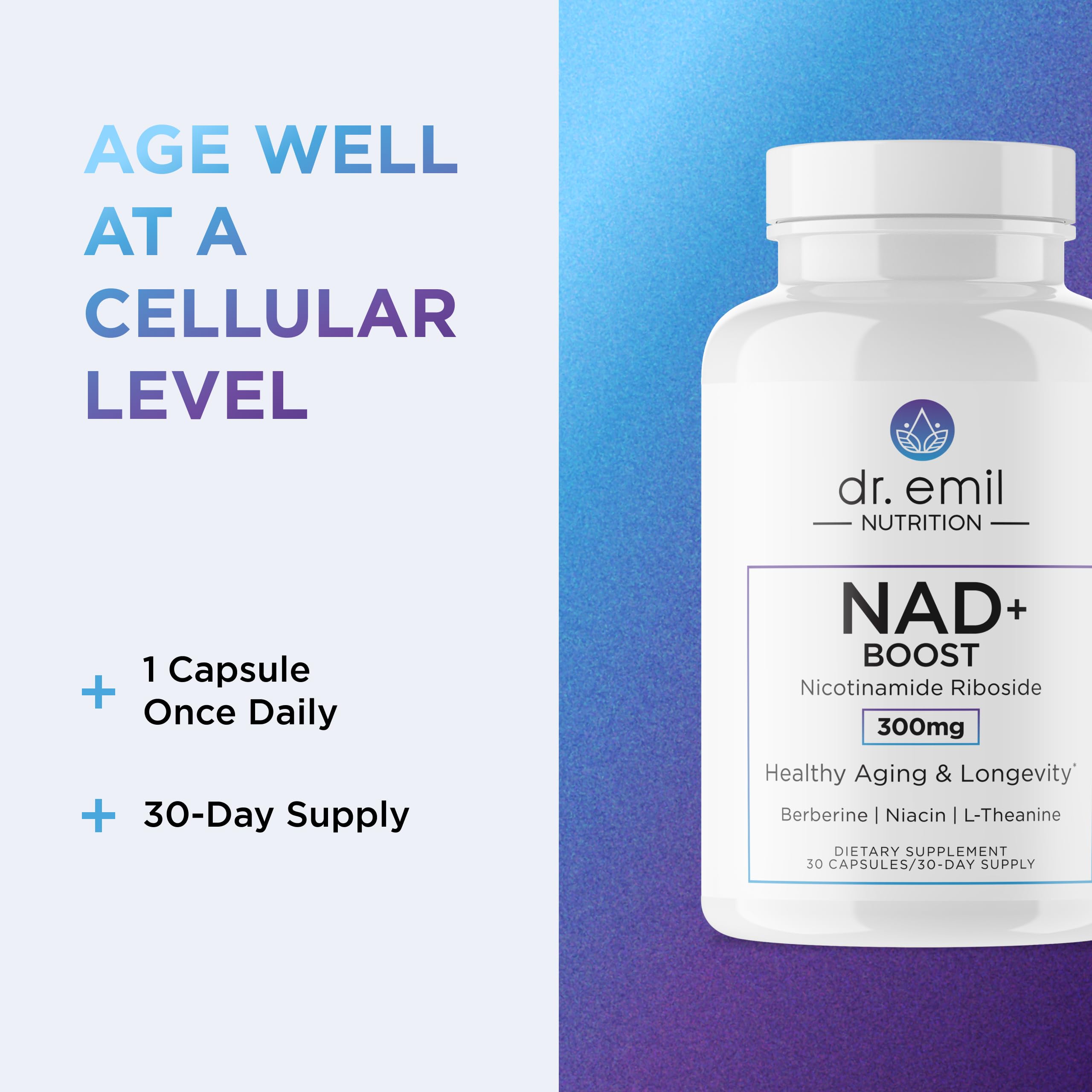 DR. EMIL NUTRITION NAD+ Boost packaging highlights convenient once-daily dosing.