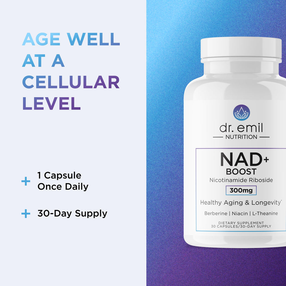 DR. EMIL NUTRITION NAD+ Boost packaging highlights convenient once-daily dosing.