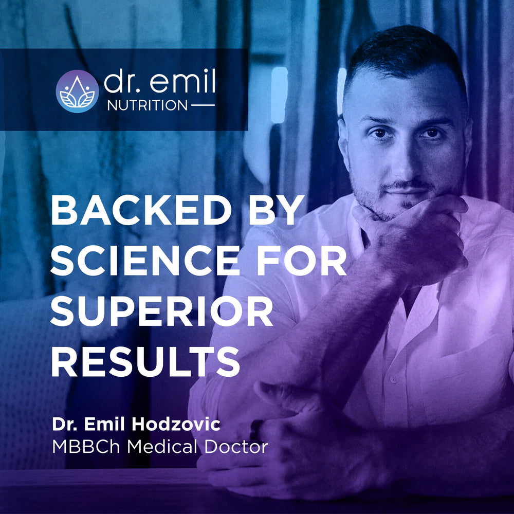 DR. EMIL NUTRITION packaging displays gluten-free and non-GMO status.