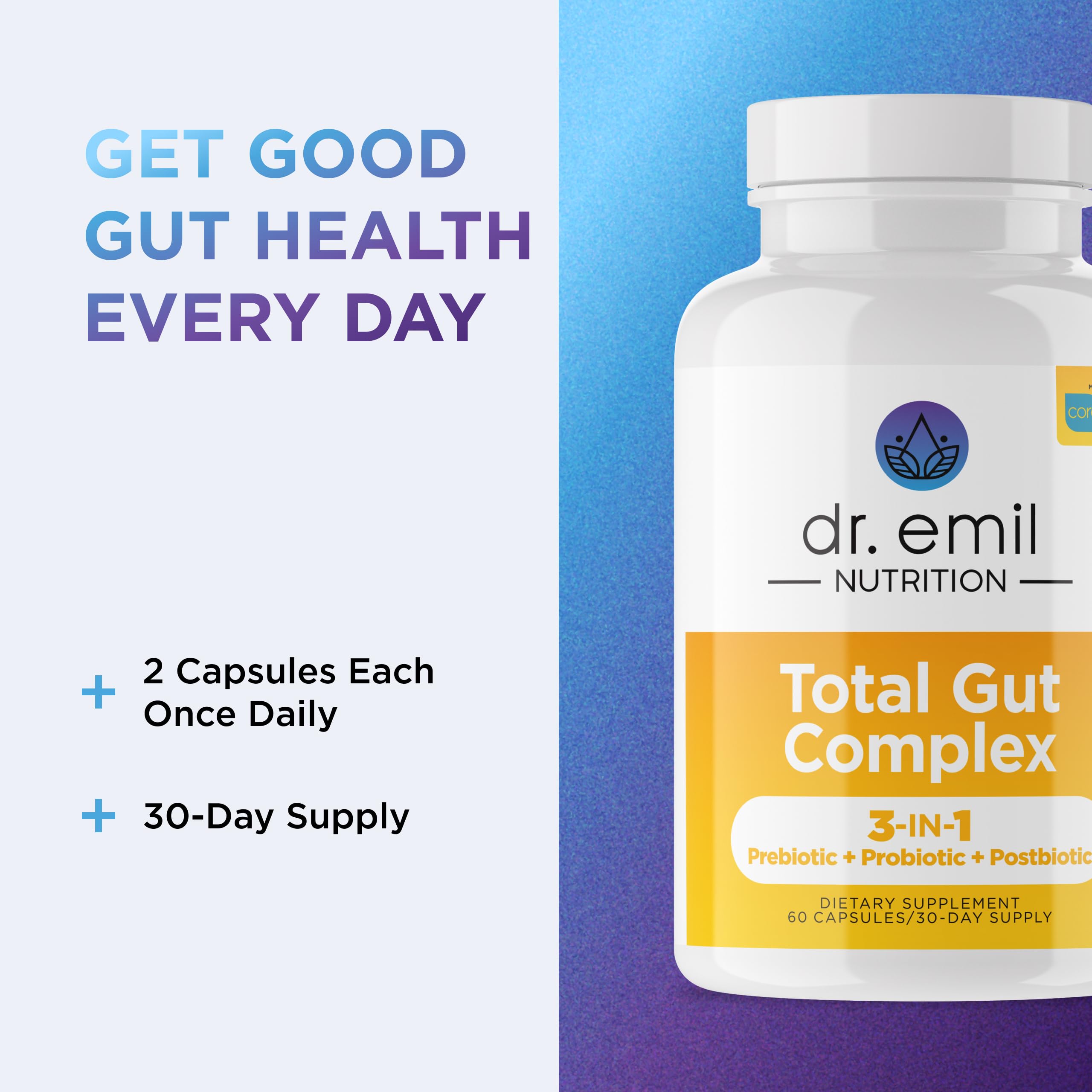 Dr. Emil Nutrition Total Gut Complex label shows non-GMO and soy-free formula