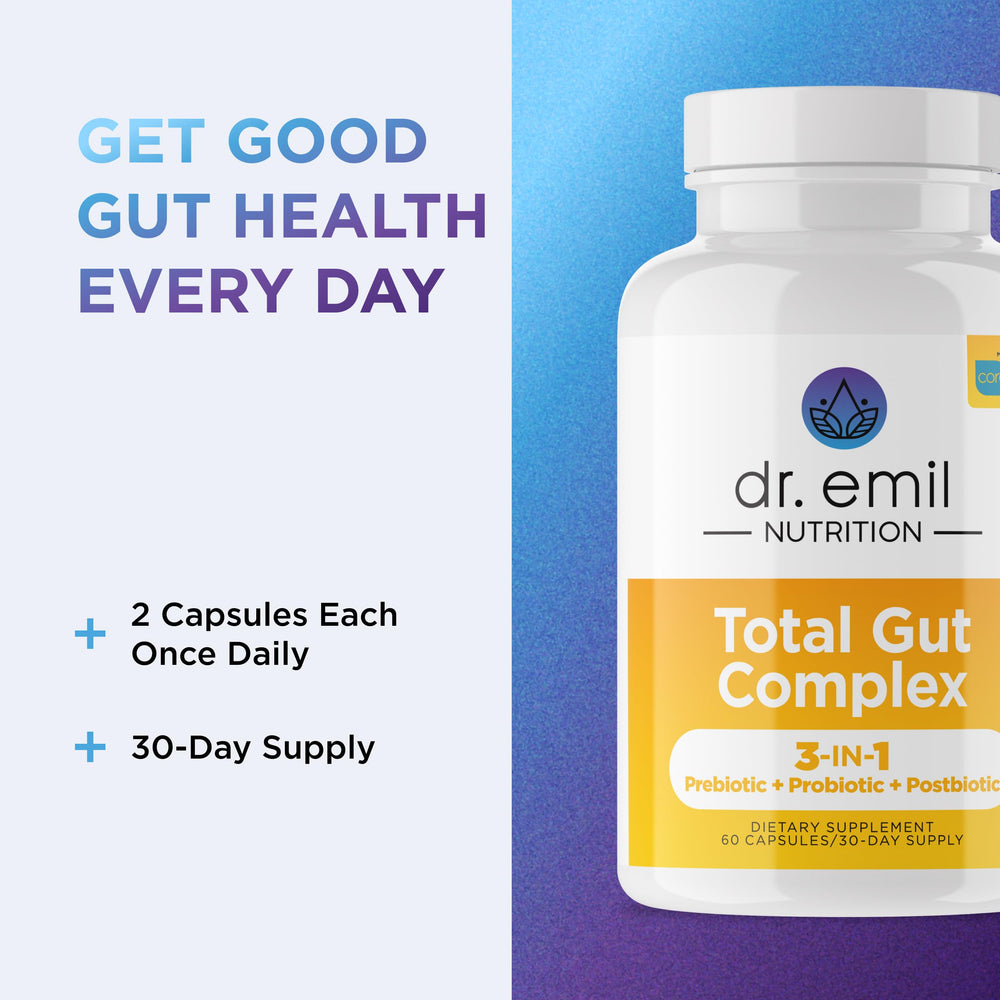 Dr. Emil Nutrition Total Gut Complex label shows non-GMO and soy-free formula