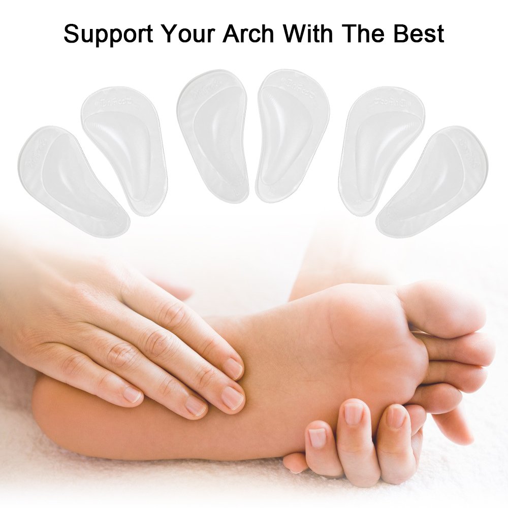 Dr Foot 3-pack clear insoles shown, offering convenient arch support options.
