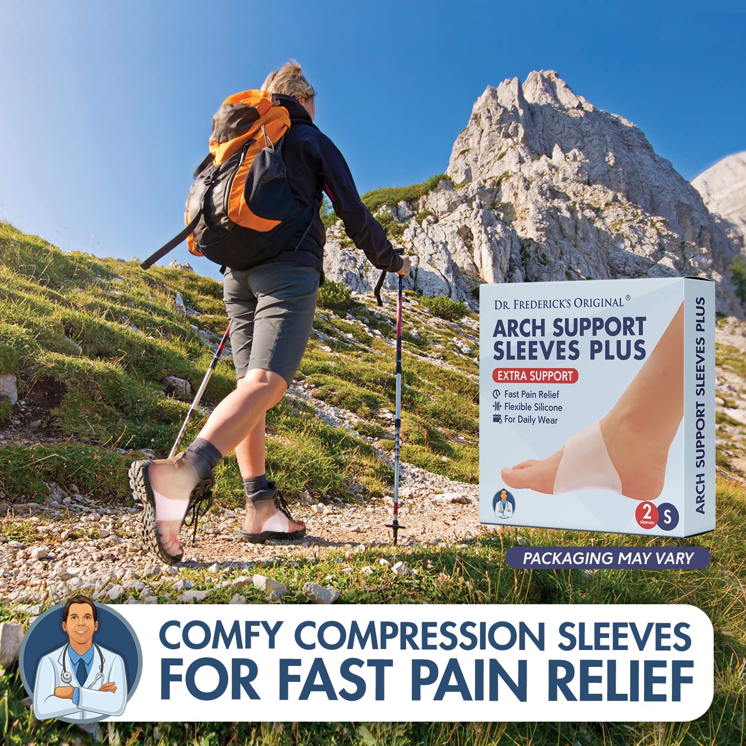 Dr. Frederick’s Original Arch Support Sleeves Plus worn under socks for all-day comfort.