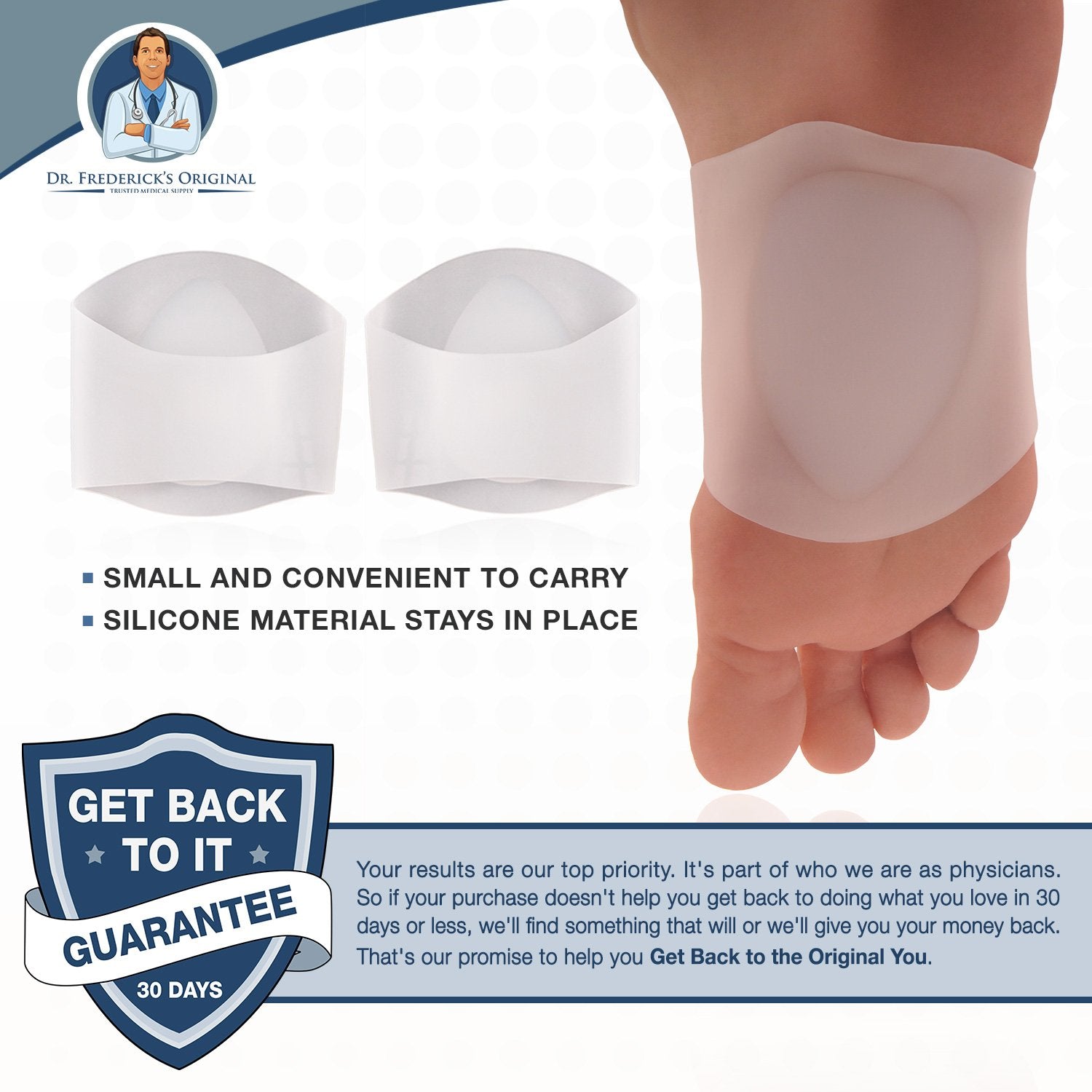 Dr. Frederick's Original arch sleeve improves arch stability for flat feet.