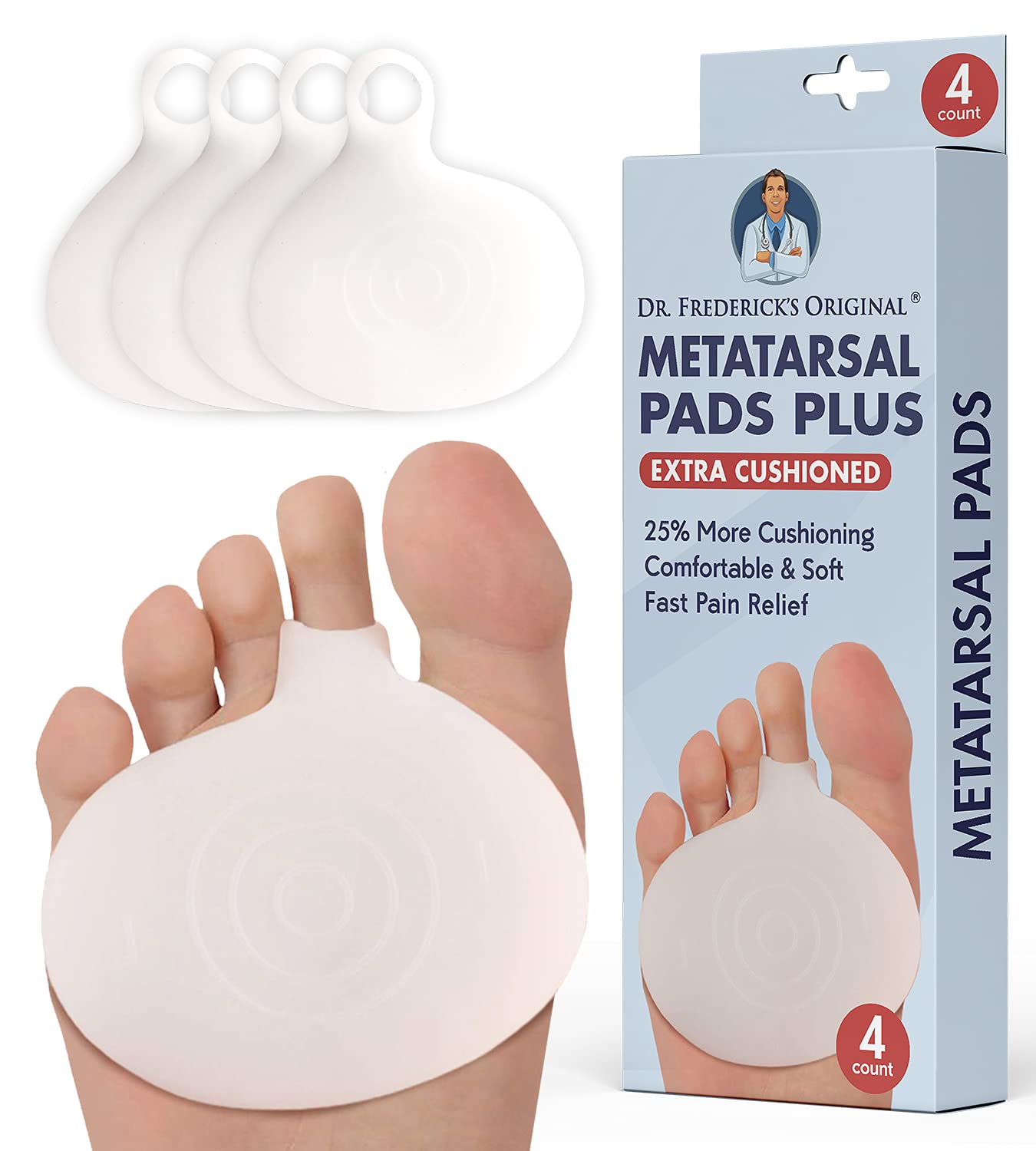 Dr. Frederick's Original metatarsal pads in packaging, 4-count set.