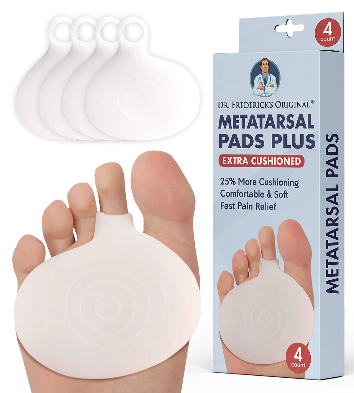 Dr. Frederick's Original metatarsal pads in packaging, 4-count set.