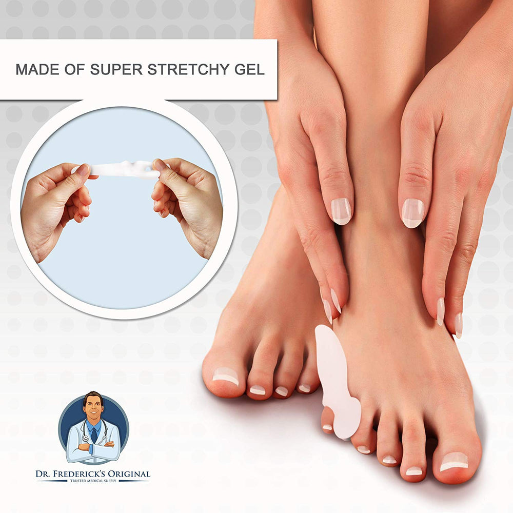 Dr. Frederick's Original pinky toe protection pads secured for all-day comfort.