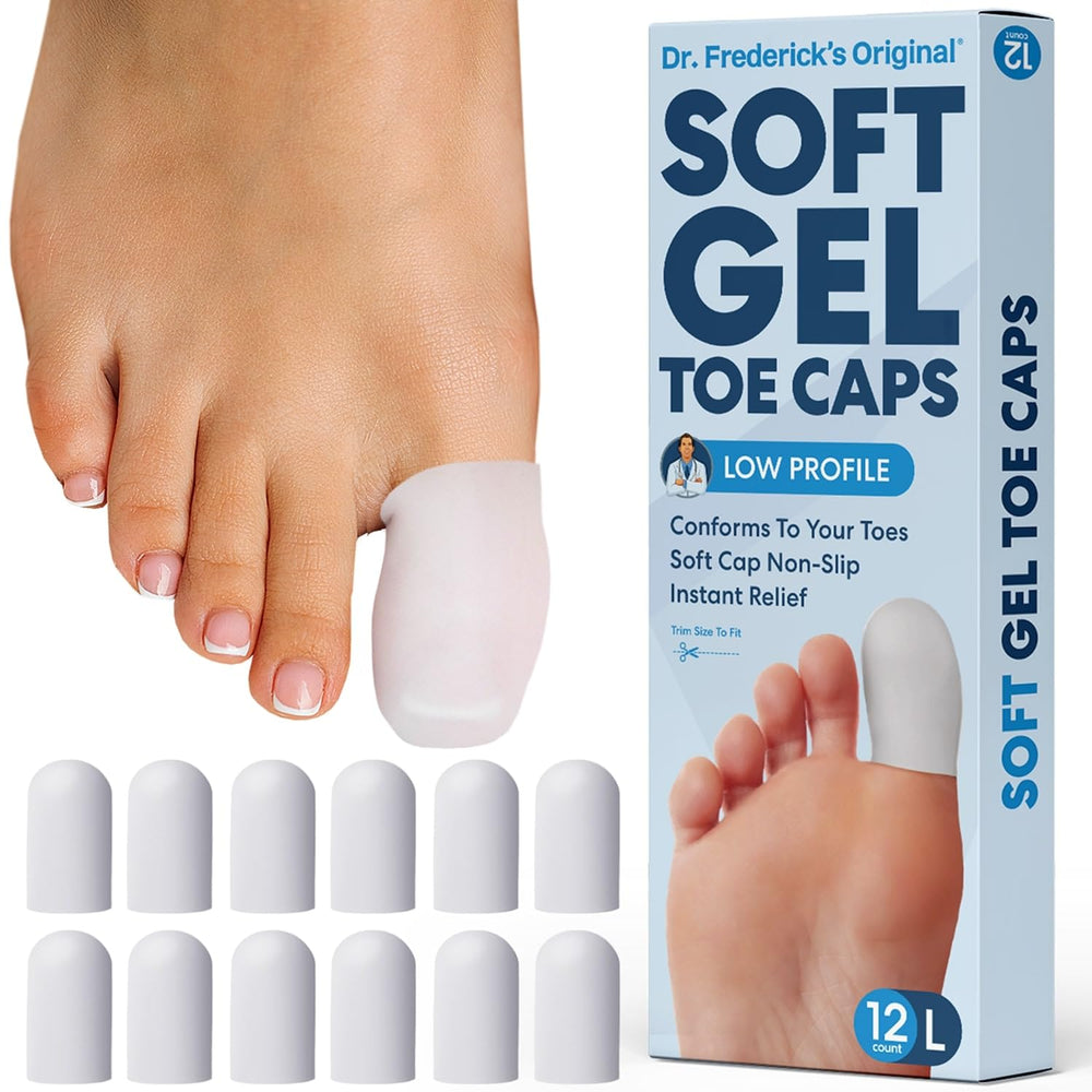 Dr. Frederick's Original protectores de dedo de gel dentro del empaque, diseño práctico.
