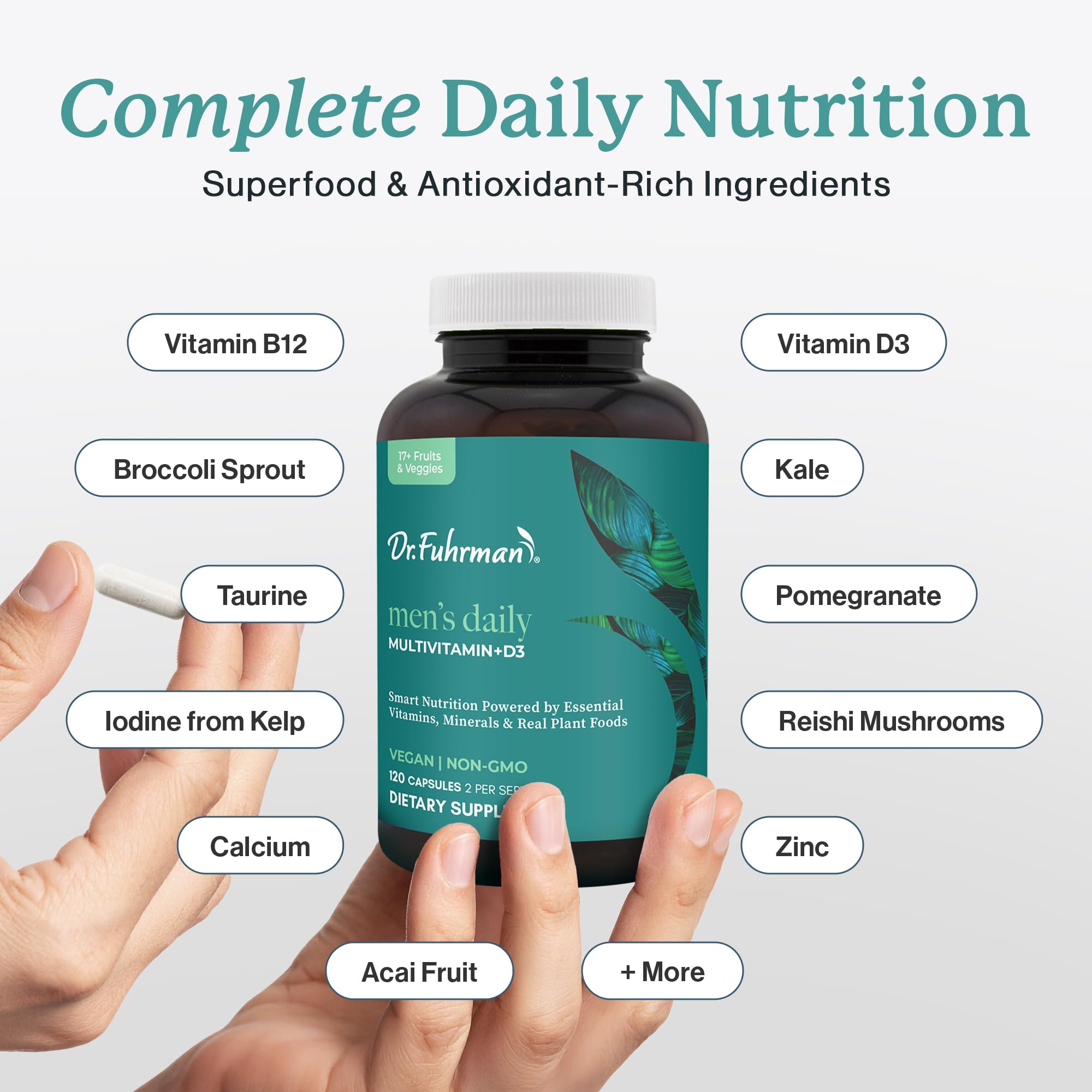 Dr. Fuhrman Men's Multivitamin packaging highlights vegan, non-GMO formula