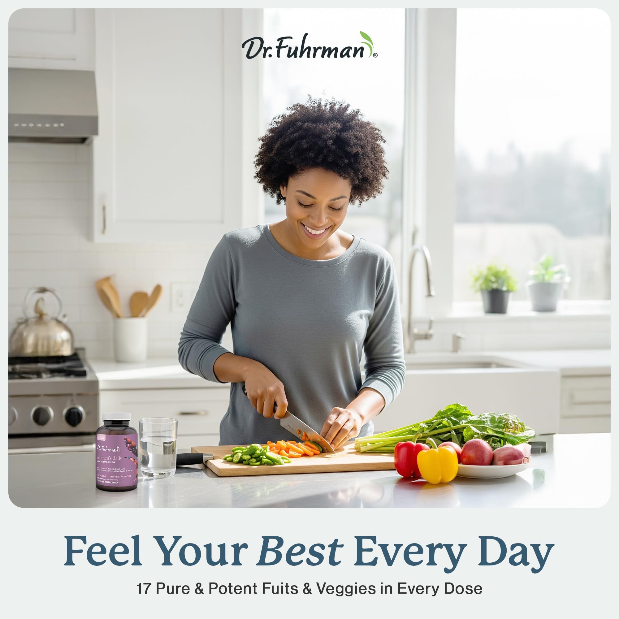 Packaging label of Dr. Fuhrman women's multivitamin showing non-GMO and gluten-free quality