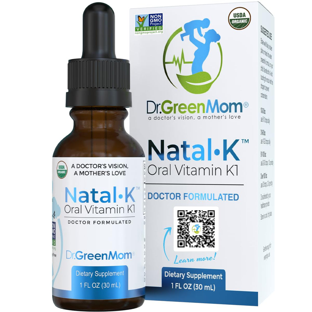 Dr. Green Mom Natal K bottle and dropper for newborn vitamin K1 support.