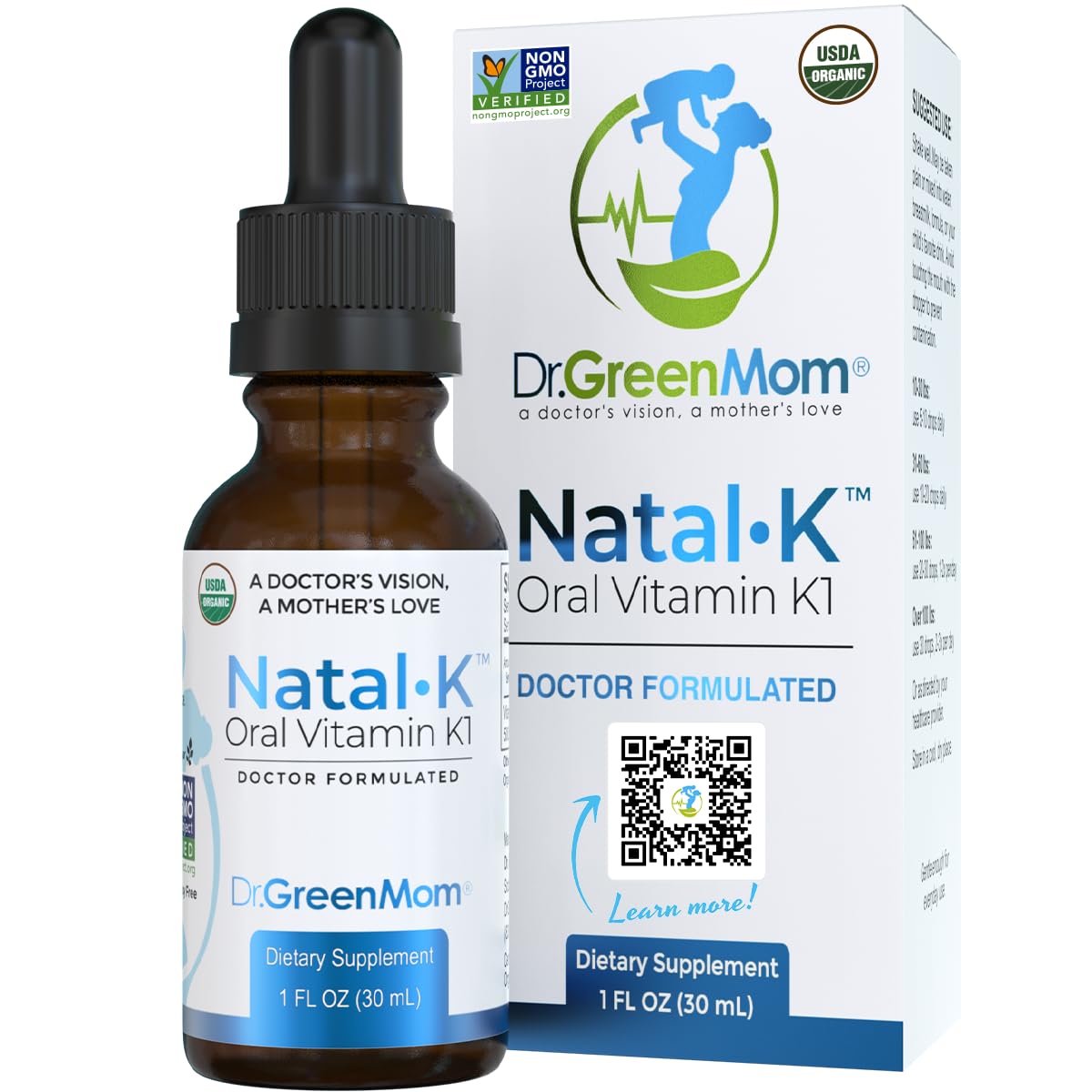 Dr. Green Mom Natal K bottle and dropper for newborn vitamin K1 support.