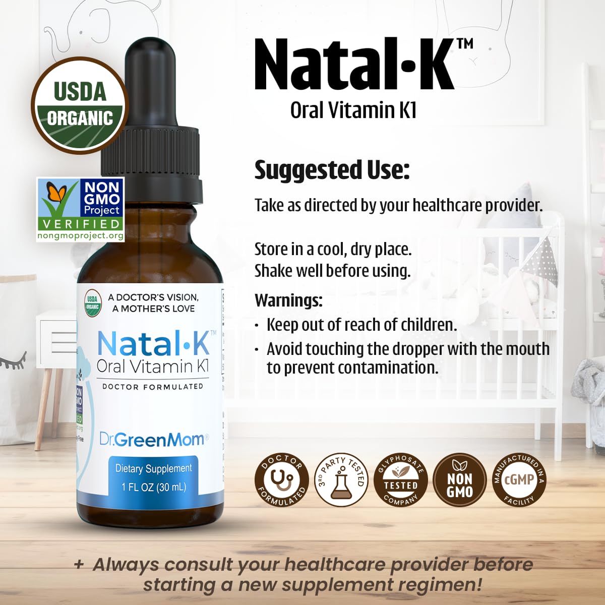 Natal K bottle with USDA Organic label for purity and safety.