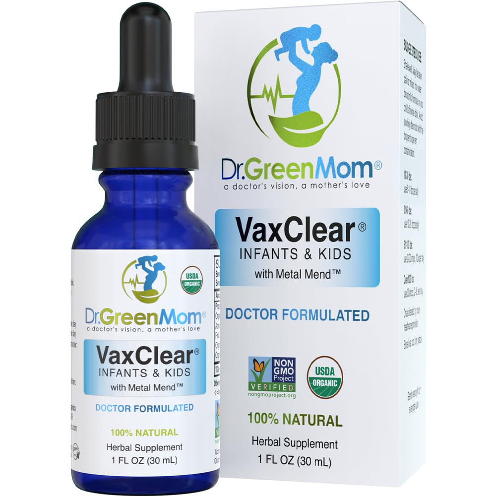 Dr. Green Mom VaxClear Metal Mend bottle showing kid-friendly detox support