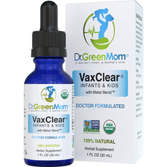 Dr. Green Mom VaxClear Metal Mend bottle showing kid-friendly detox support