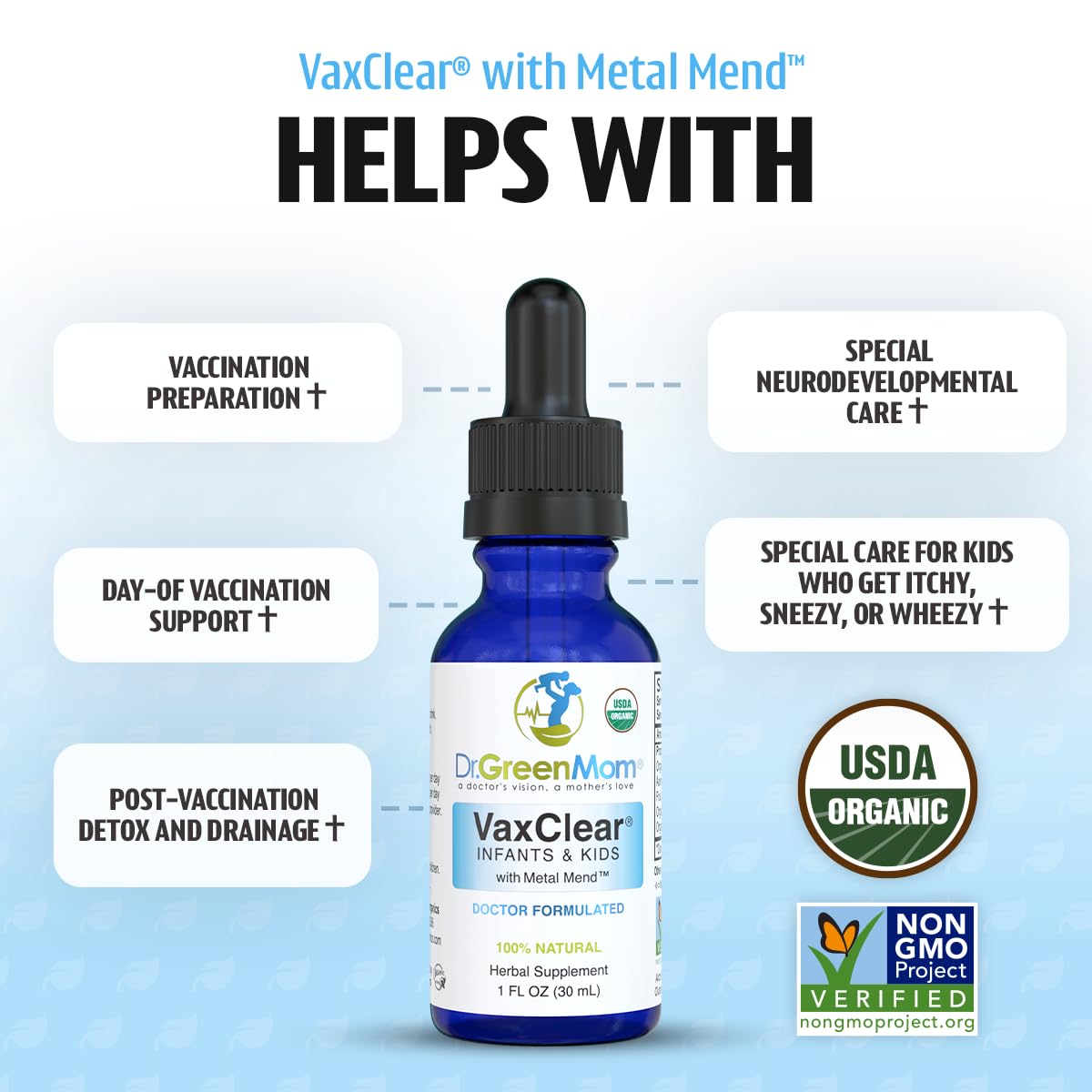 Close-up dropper image for precise Dr. Green Mom VaxClear dosing