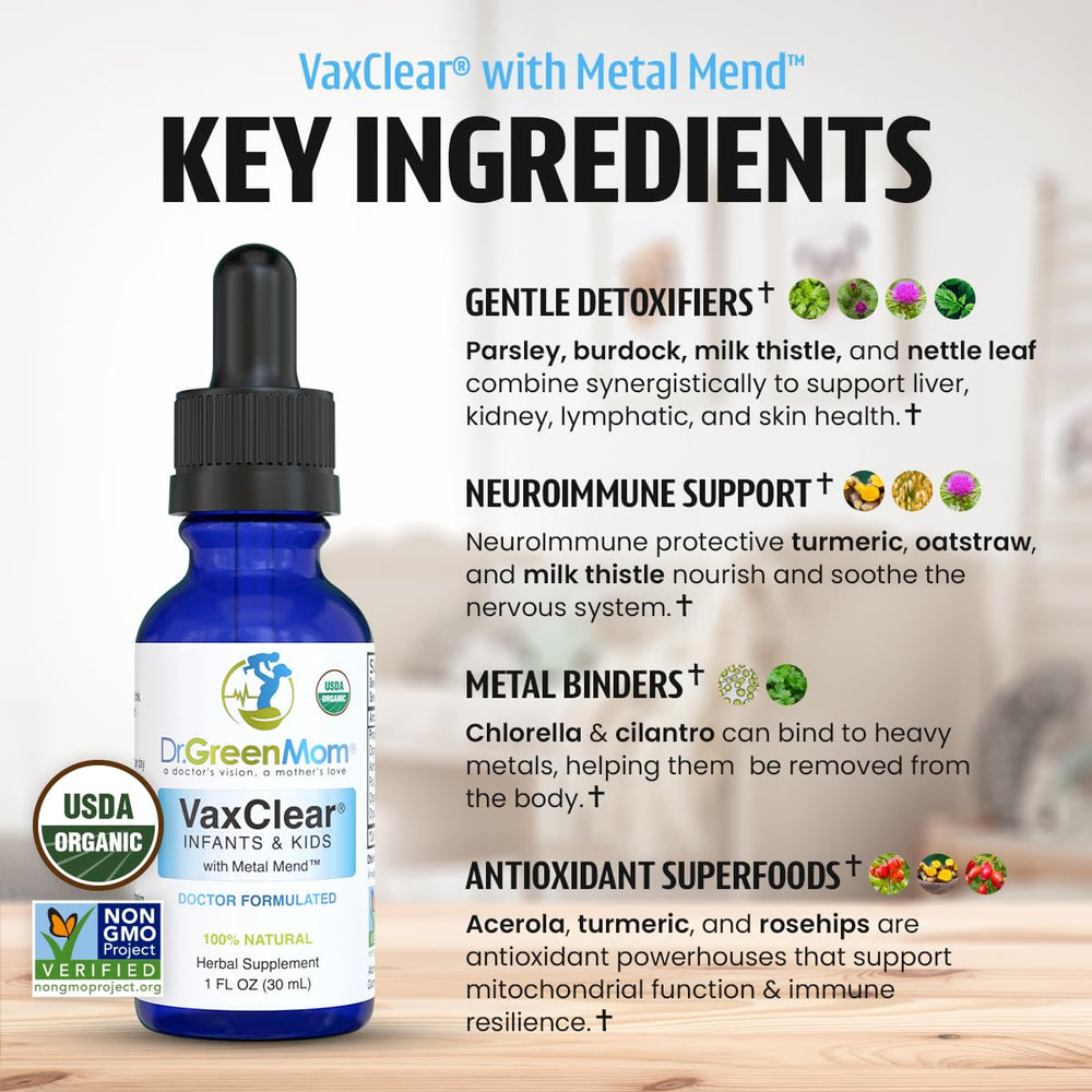 Herbal liquid with botanicals used in Dr. Green Mom VaxClear formula
