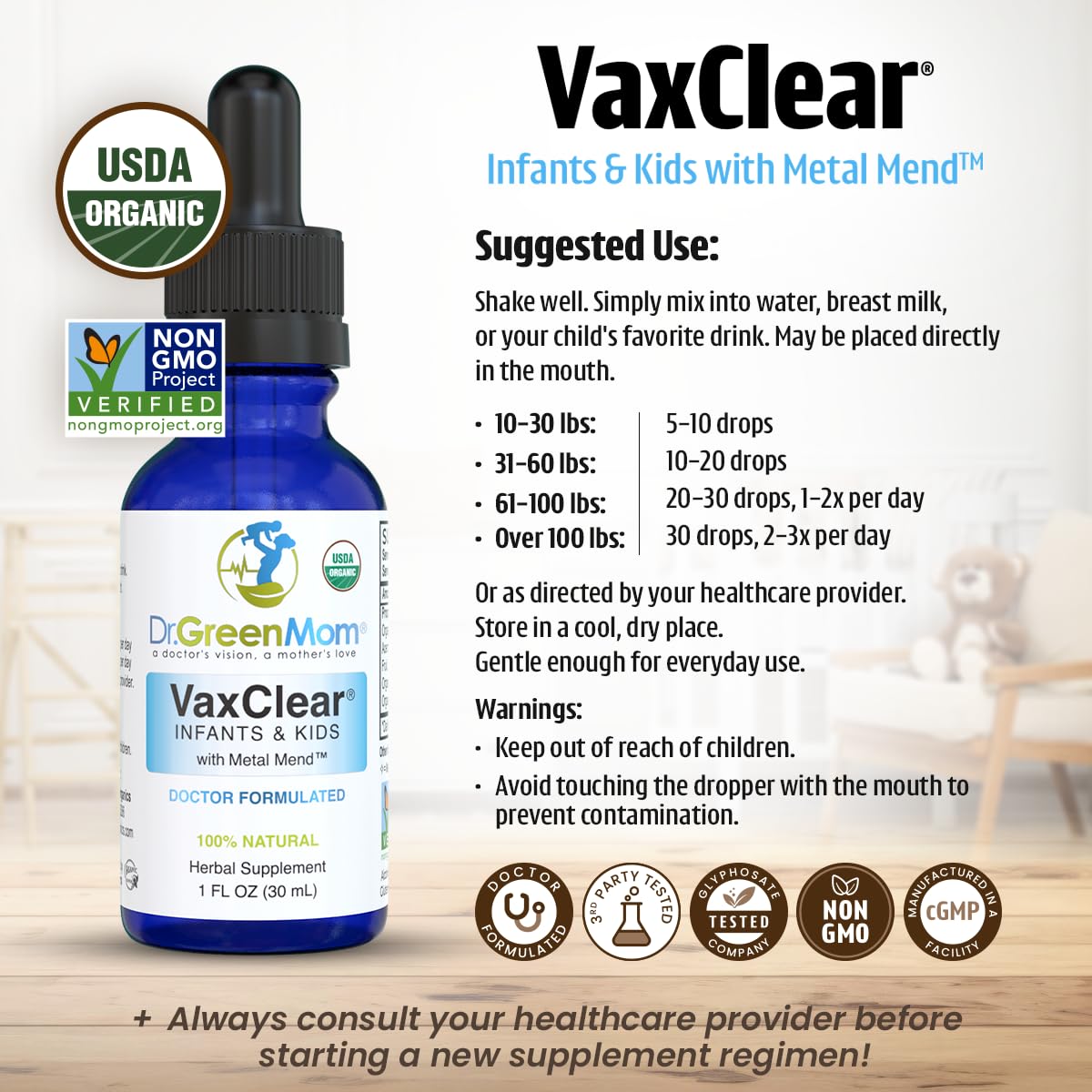 Label showing organic ingredients used in Dr. Green Mom VaxClear