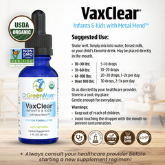 Label showing organic ingredients used in Dr. Green Mom VaxClear
