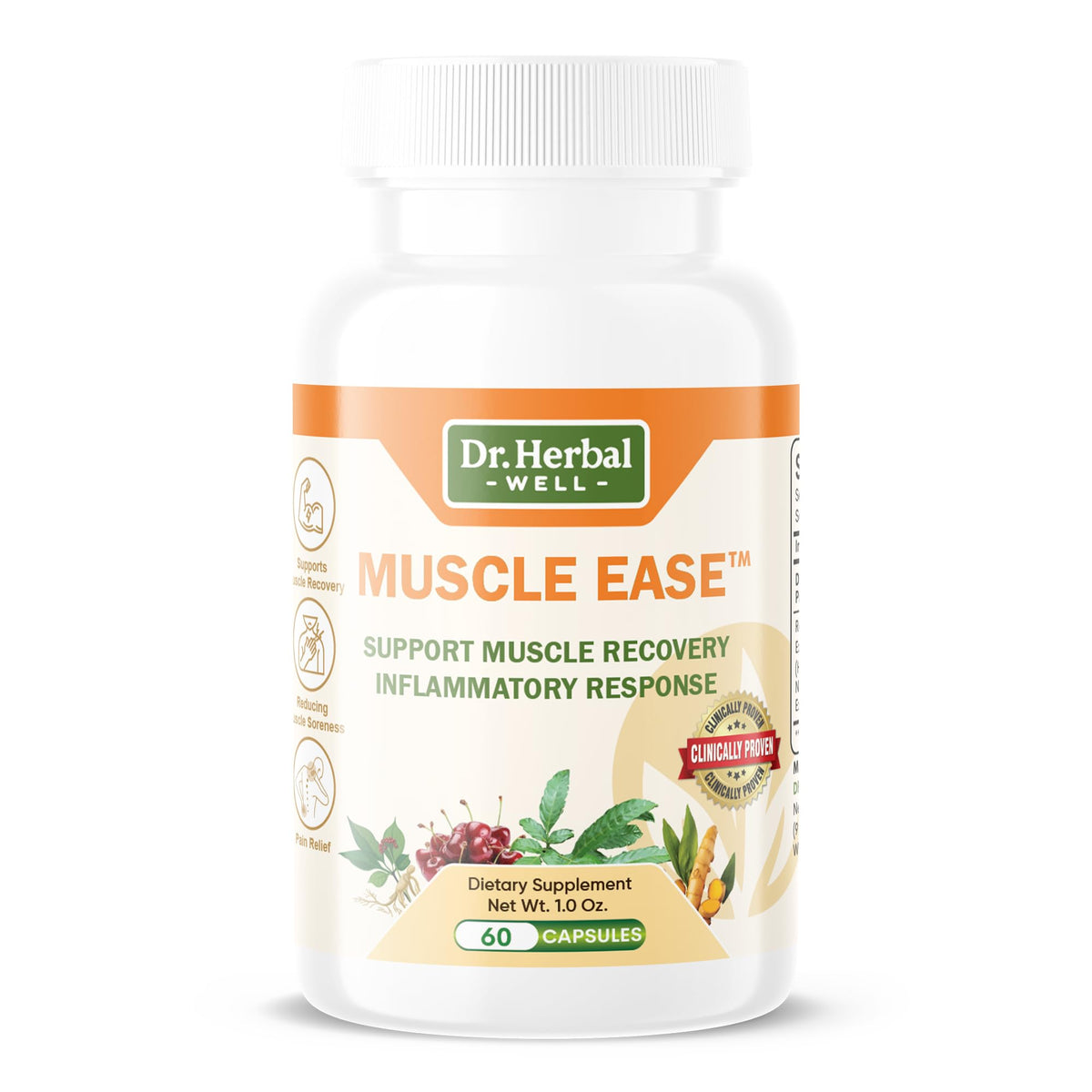 DR. HERBAL WELL Muscle Ease bottle closeup showing easy-to-use packaging for on-the-go relief