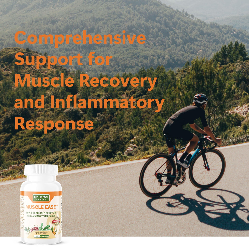 DR. HERBAL WELL Muscle Ease bottle pour demonstrates quick-acting potential after fatigue