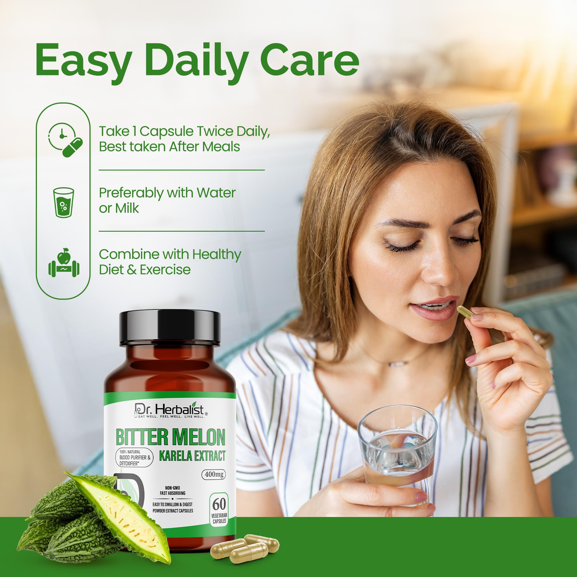 Dr. HERBALIST Bitter Melon Extract non-GMO label highlighting purity