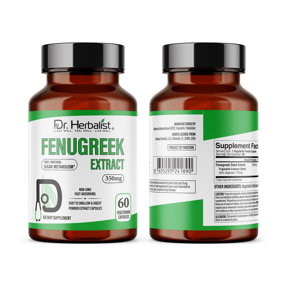 Dr Herbalist fenugreek capsules close-up showing natural ingredients.