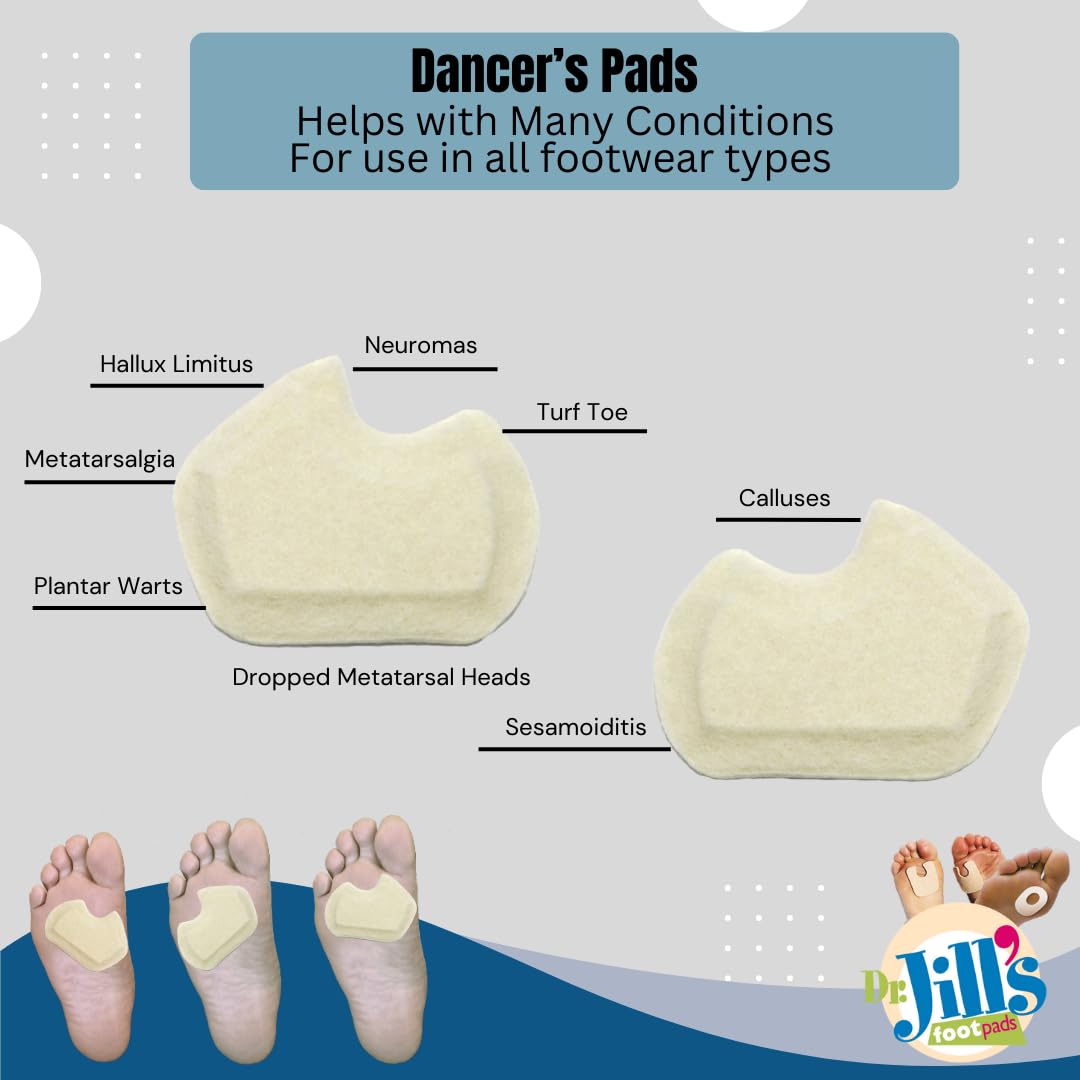 Latex-free, unisex Dr. Jill's Foot Pads advertise versatile, comfortable fit inside various shoes.