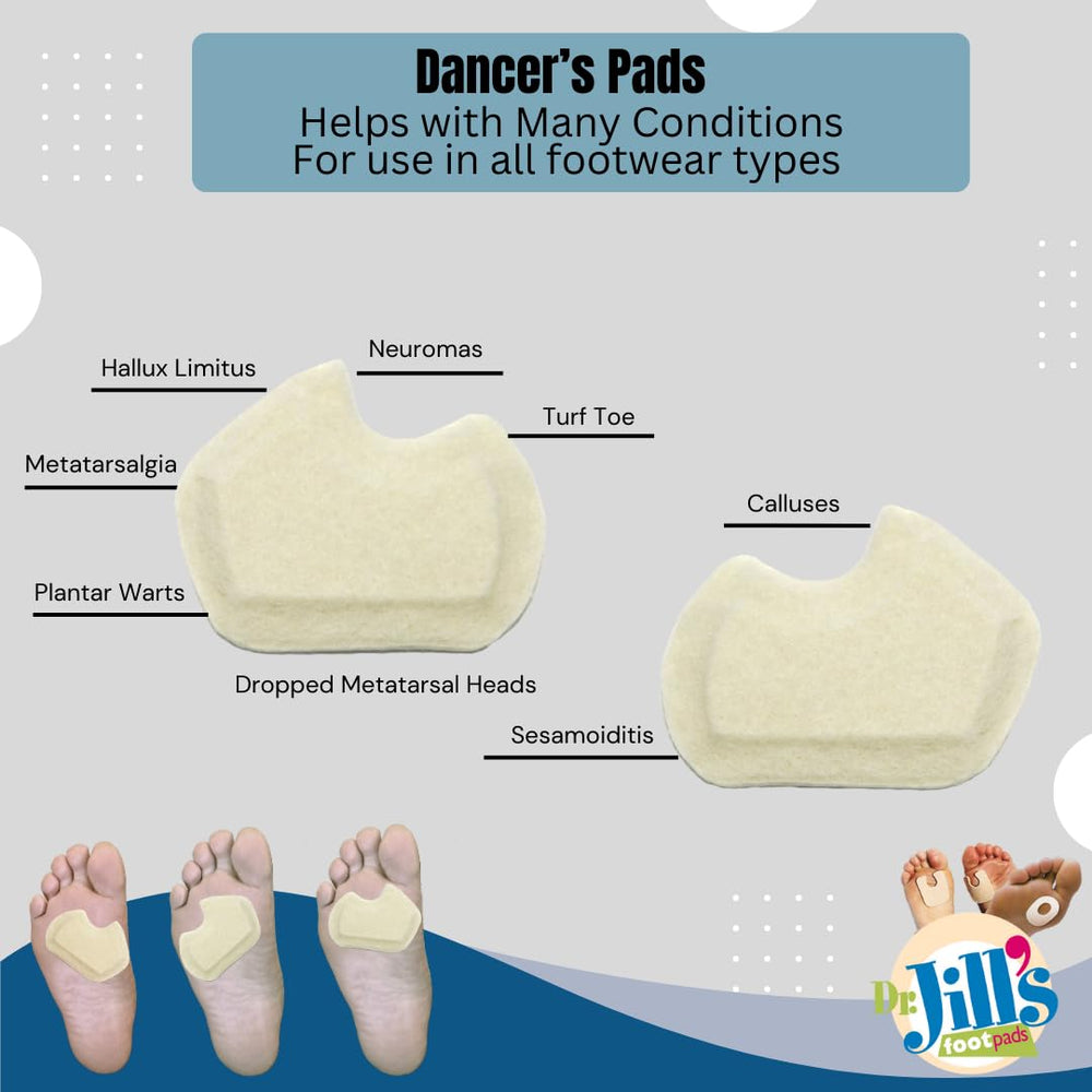 Latex-free, unisex Dr. Jill's Foot Pads advertise versatile, comfortable fit inside various shoes.