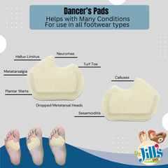 Latex-free, unisex Dr. Jill's Foot Pads advertise versatile, comfortable fit inside various shoes.