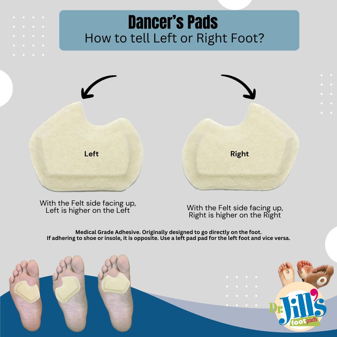 Dr. Jill's Foot Pads worn inside athletic shoes, offering targeted pressure relief for dancers.