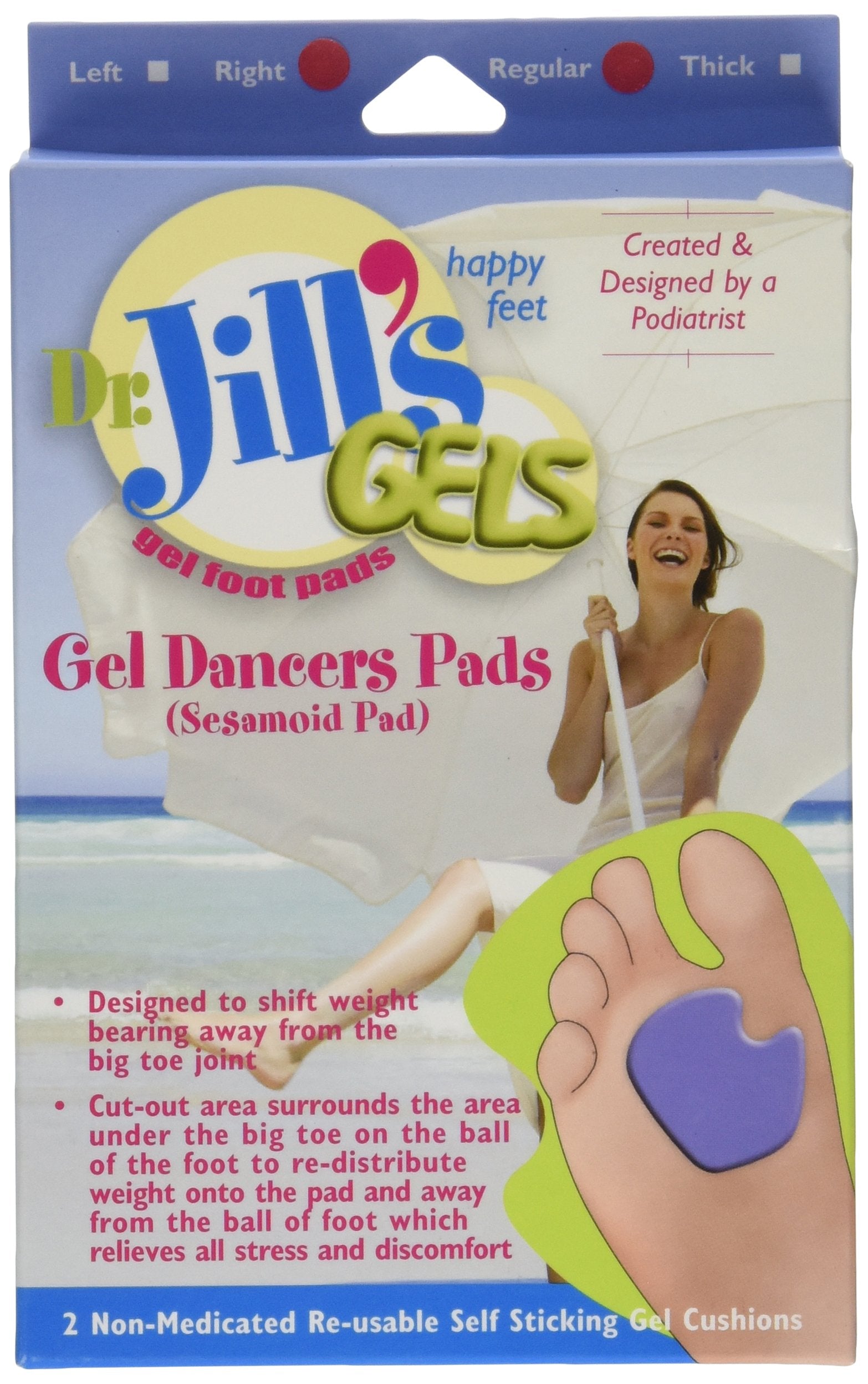 Dr. Jill's Gel Dancer Pads on right foot cushion big toe joint for comfort.