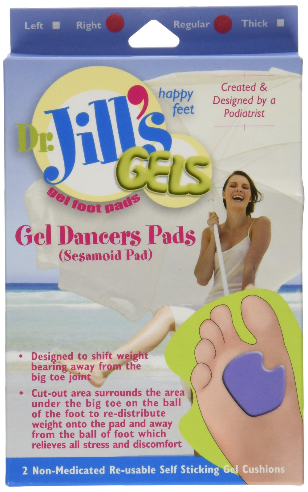Dr. Jill's Gel Dancer Pads on right foot cushion big toe joint for comfort.