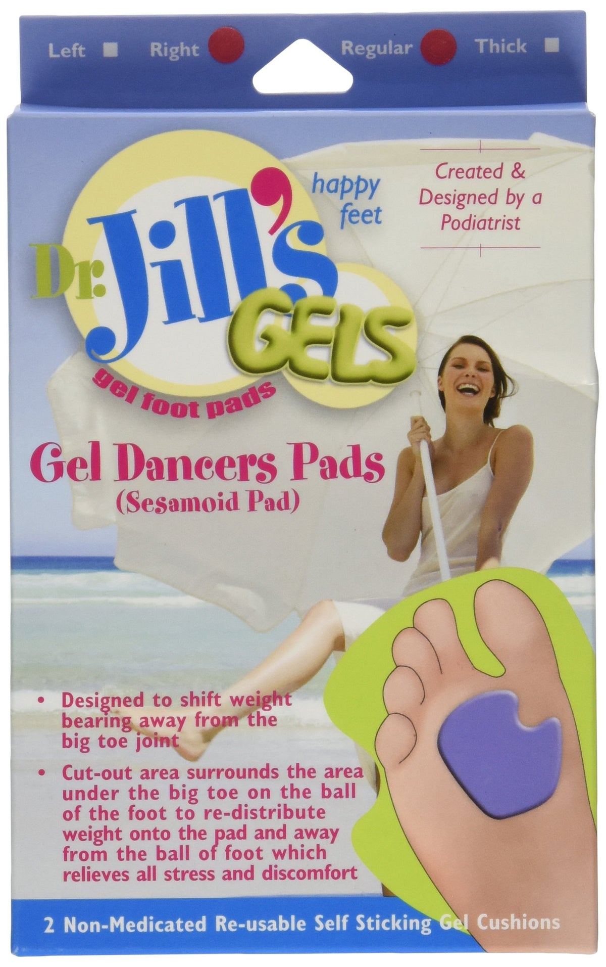 Dr. Jill's Gel Dancer Pads on right foot cushion big toe joint for comfort.