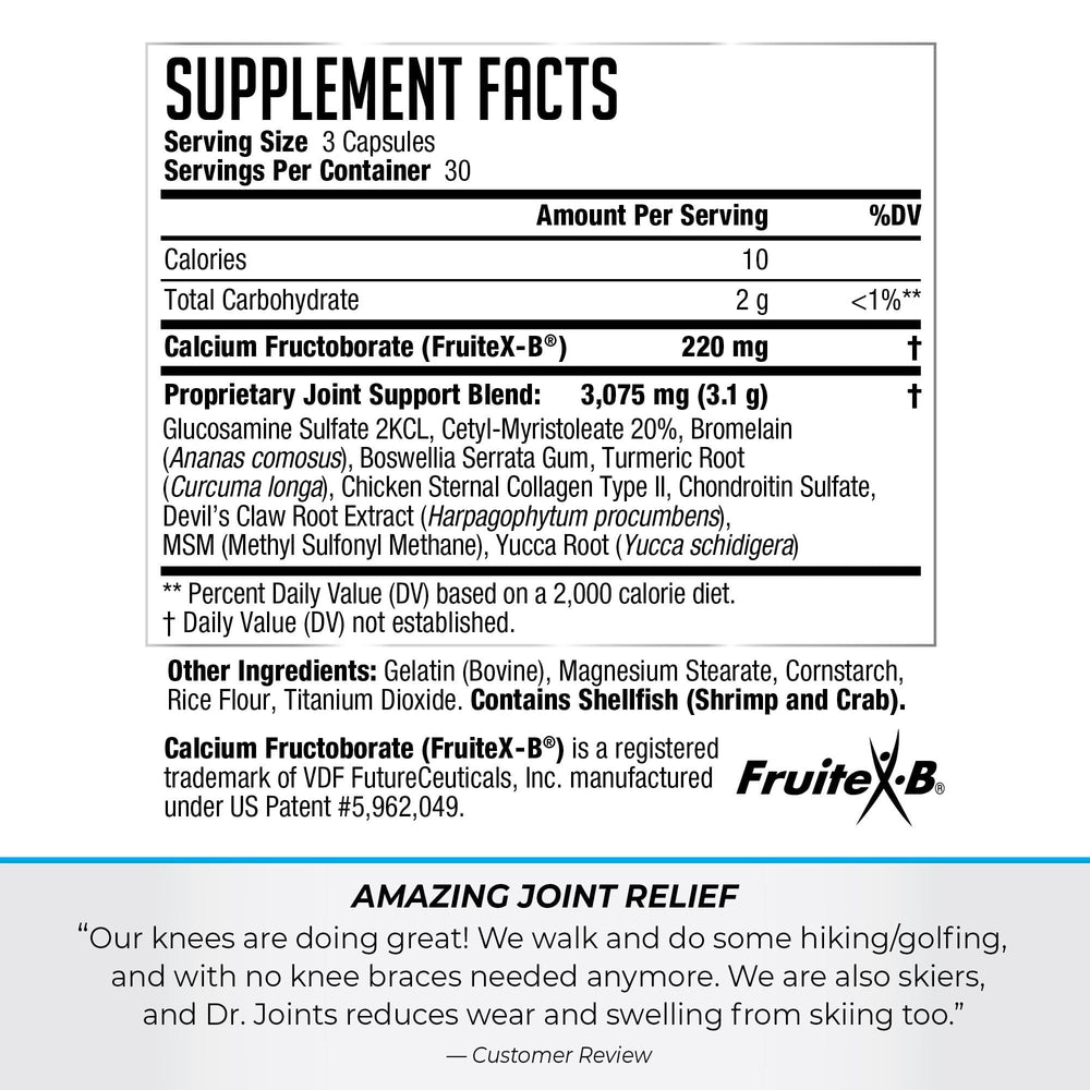 Dr. Joints NDS Nutrition Advanced bottle back label highlighting ingredients for mobility