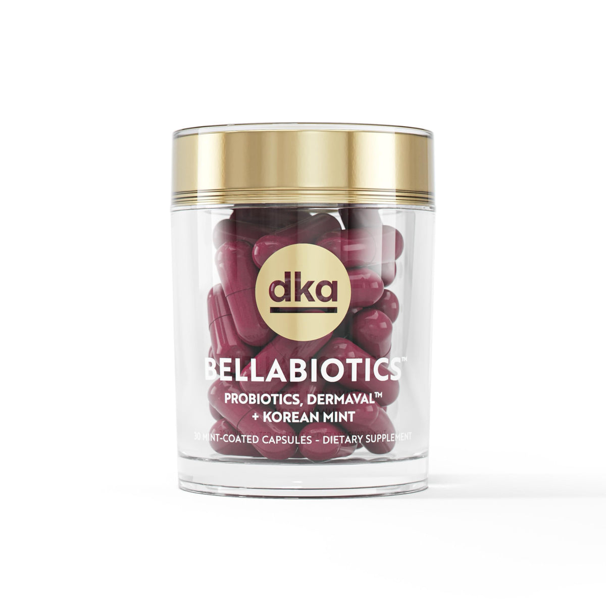 Dr. Kellyann Bellabiotics bottle front highlights digestion support and skin health benefits.
