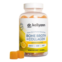 Dr. Kellyann collagen-bone-broth gummies lemon bottle for convenient skin and gut support.