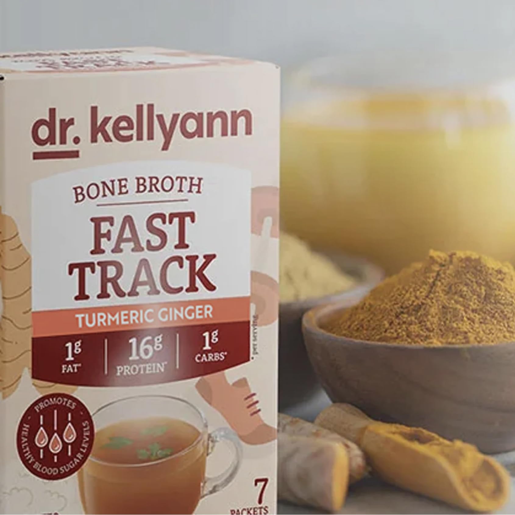 Dr. Kellyann Fast Track Bone Broth packets show 16g protein per serving