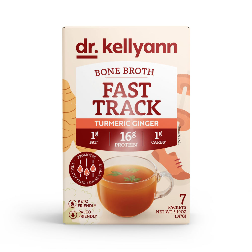 Dr. Kellyann Fast Track Bone Broth packets pour for a quick, nourishing sip