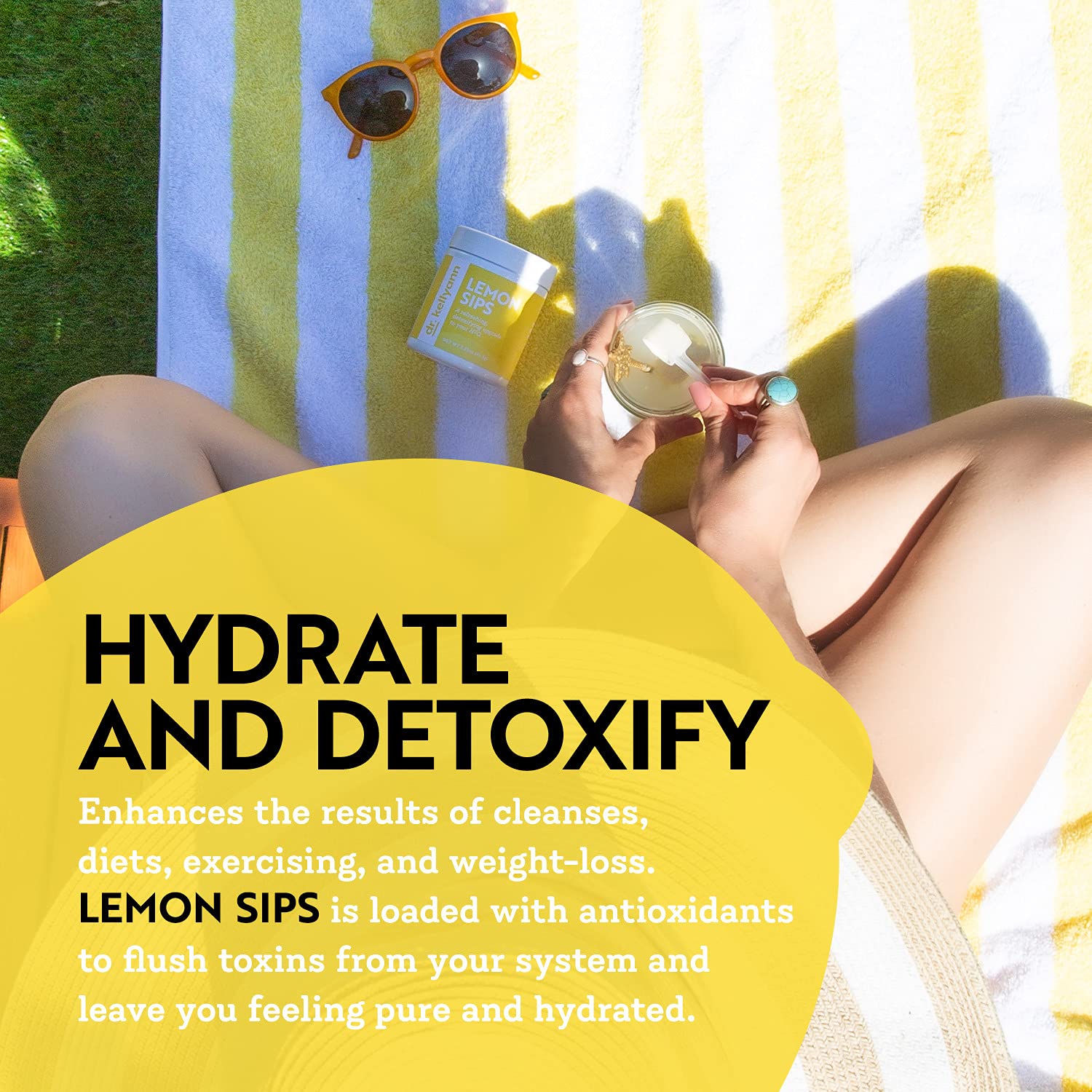 Dr. Kellyann Lemon Sips bottle with lemon slices for mood-boosting aroma.