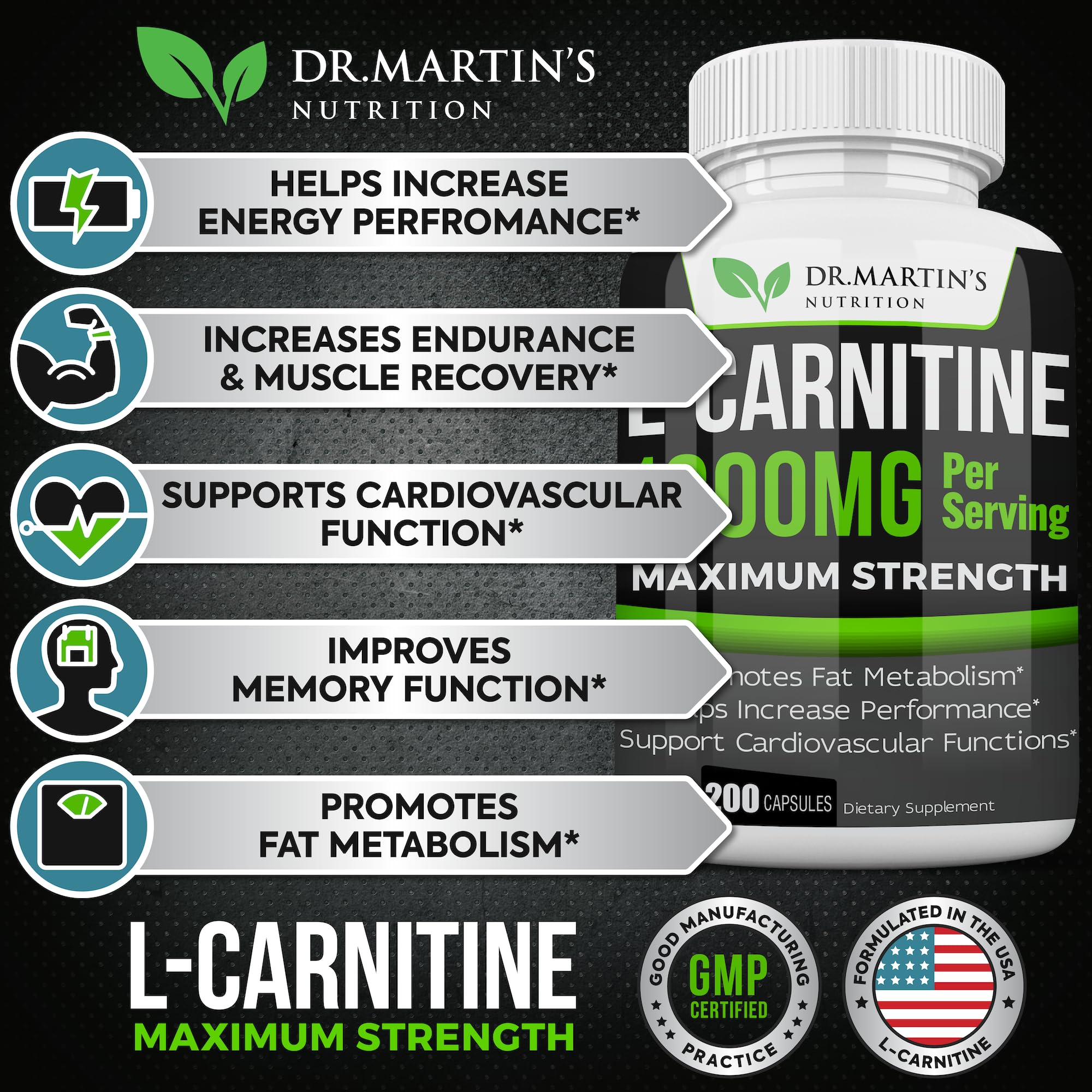 L-Carnitine capsules closeup showing compact, easy-to-swallow form