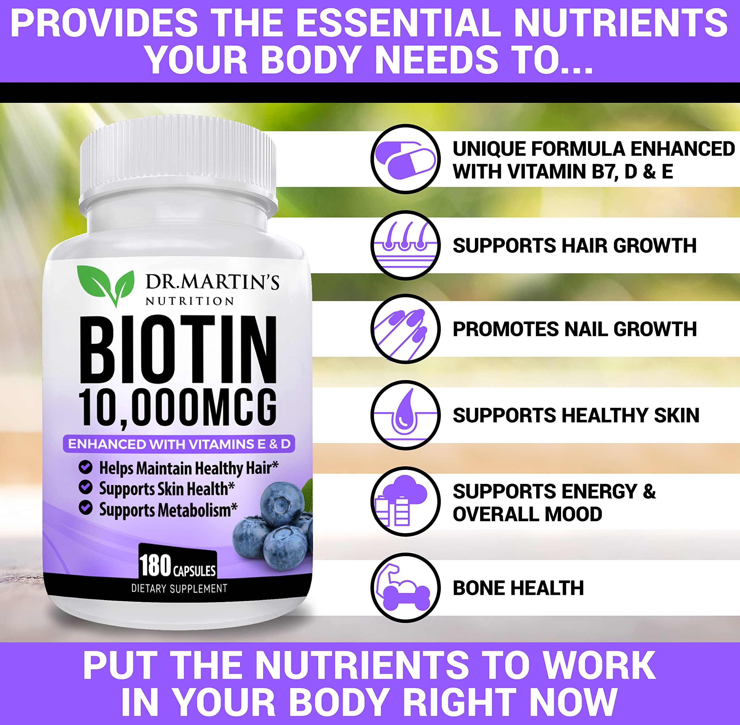 Capsules close-up highlighting high-dose Biotin with D & E for daily use