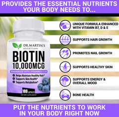 Capsules close-up highlighting high-dose Biotin with D & E for daily use