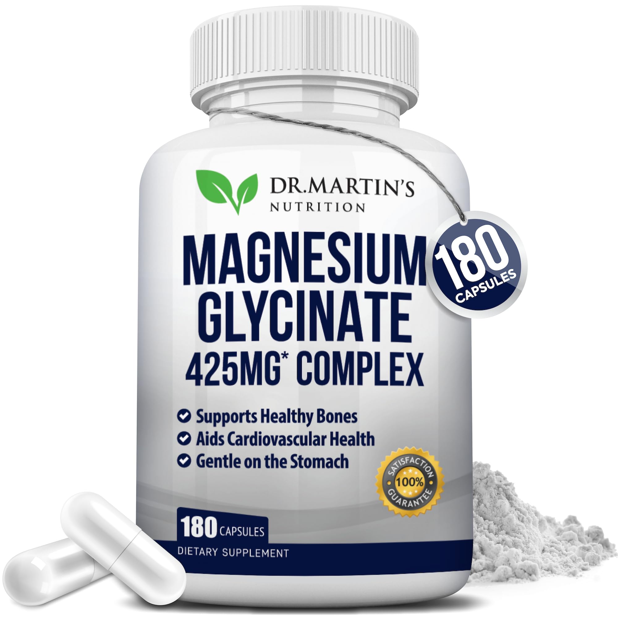 DR. MARTIN'S Nutrition premium magnesium glycinate bottle closeup with high-dose 425mg detail and wellness focus