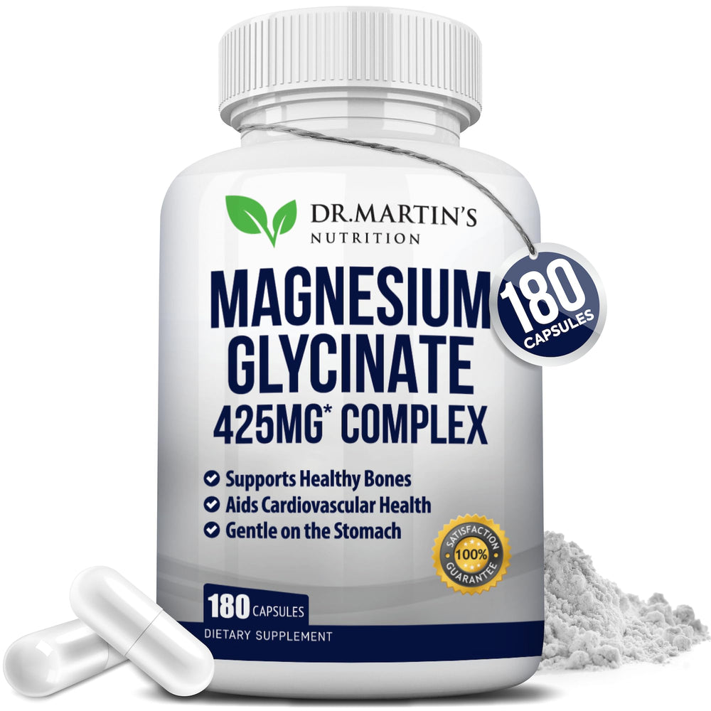 DR. MARTIN'S Nutrition premium magnesium glycinate bottle closeup with high-dose 425mg detail and wellness focus
